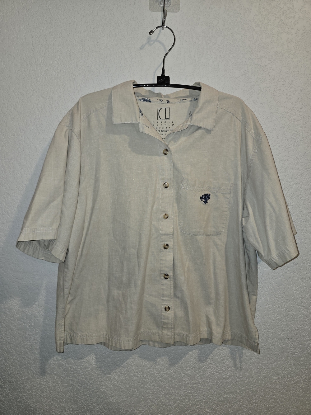 Vintage Carole Little Sport Women's Size 12 Beige Short Sleeve Camp Shirt Made i